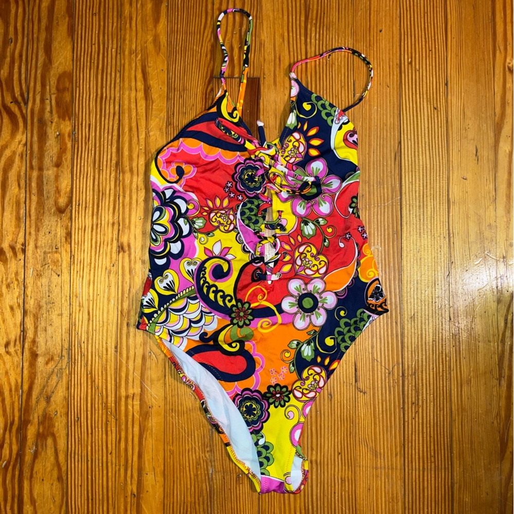 Zara paisley one piece swimsuit high leg lowcut lace up medium unworn multicolor